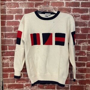 90s  Cream Sweater with Red and Black Geometric Design